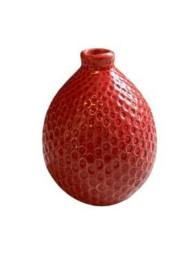 Textured red ceramic bud vase honeycomb small ovoid shape porcelain 4.5" tall